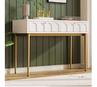Coiffeuse Blanc Crème, Table de Maquillage Elégante 2 Tiroirs, Vanité Minimaliste, Pieds en Métal Or, Bureau Chambre, 100x45x76.5cm
