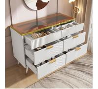 Coiffeuse blanche 120x40x76 / Buffet en verre ambré / 6 tiroirs / Compartiments séparés / Meuble de rangement, O.Ye