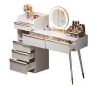 Coiffeuse Blanche 6Tiroirs Miroir LED 3 Couleurs Tablette Coulissante 100cm | Poignées dorées, pieds métalliques et kit anti-bascule : stabilité et élégance pour un espace beauté organisé.