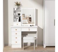 Coiffeuse Blanche avec Miroir Coulissant et Tabouret, Table de Maquillage Moderne 6 Tiroirs, Étagères Ouvertes et Rangement Caché, Bureau Coiffeuse pour Chambre Fille Adulte