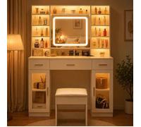 Coiffeuse Blanche avec Miroir LED 3 Couleurs Coulissant, Rangement Caché, Étagères Ouvertes, Armoires Vitrées, Tiroirs et Tabouret