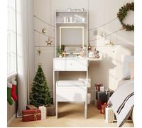 Coiffeuse Blanche avec Miroir LED Intelligent,Prises intégrées- Plateau Rabattable-Chaise de Rangement et étagères Ouvertes