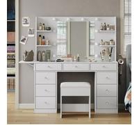 Coiffeuse Blanche Avec Miroir LED, Prise Intégrée, 3 Modes D’Éclairage, 4 Étagères Et Panneau Rabattable