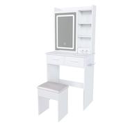 Coiffeuse blanche avec miroir LED réglable, prise, tabouret rembourré, rangement caché, étagère, compacte pour petite chambre