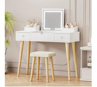 Coiffeuse Blanche, avec Miroir LED rétractable Réglable 3 couleurs, 2 tiroir, 2 boîtes de rangement, Style moderne