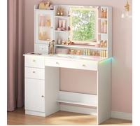 Coiffeuse blanche avec miroir LED - WOLTU - Éclairage RGB réglable par Bluetooth - Miroir à 3 températures de couleur
