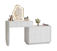 Coiffeuse Blanche Évolutive avec Miroir LED - Table de Maquillage avec grand Rangement - Design Chic à Pieds Galbés - 160x40x140cm