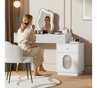 Coiffeuse Blanche LED 3 Tiroirs Façade Ondulée Miroir Tactile 100x40x75cm | Porte verre strié, meuble latéral réversible, pieds métal et fixations murales: espace beauté sûr, stable et personnalisable