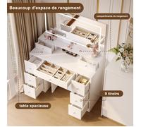 Coiffeuse Blanche Moderne avec Miroir LED 3 Couleurs, 9 Tiroirs de Rangement et Tabouret, Commande Tactile pour Chambre