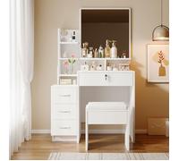 Coiffeuse Blanche Moderne Table Masquillage avec Tabouret, Miroir, 4 Tiroirs, Etagère Rangement Ouvert pr Chambre, 87x40x144 cm