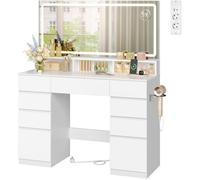 Coiffeuse Blanche WOLTU - Grand Miroir LED - Table de Maquillage avec Station de Charge - 9 Tiroirs