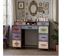 Coiffeuse Bohème avec 9 Tiroirs en Tissu - 121x40x91.2cm - Table de Maquillage Rétro - Bureau Console Multicolore