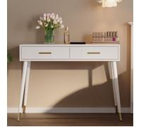Coiffeuse bureau 2-en-1 blanc 100 x 40 x 76 cm, 2 tiroirs, sans miroir, piètement métal