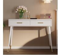 Coiffeuse bureau 2 tiroirs blanche avec pieds métal dorés, sans miroir, design moderne, 100 x 40 x 76 cm ORVRYN