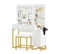 Coiffeuse CLIPOP,Ensemble de coiffeuse, 5 tiroirs, étagère cachée, avec support pour sèche-cheveux, LED incluses