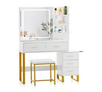 Coiffeuse CLIPOP, miroir amovible, 5 tiroirs, avec station de charge et support pour sèche-cheveux, LED incluse