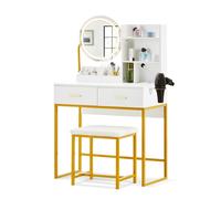 Coiffeuse CLIPOP,Set de coiffeuse à miroir rond,2 tiroirs,avec station de charge et support pour sèche-cheveux,LED incluse