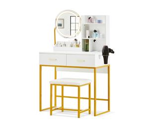 Coiffeuse CLIPOP,Set de coiffeuse à miroir rond,2 tiroirs,avec station de charge et support pour sèche-cheveux,LED incluse
