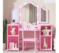 COIFFEUSE-coiffeuse enfant rose avec miroir triple et lumières led,ensemble coiffeuse et tabouret en mdf,coiffeuse princesse