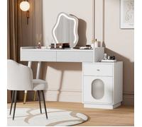Coiffeuse - COIFFUSE BLANC 100x75x40 cm - Miroir LED tactile - 3 tiroirs et 1 porte - Panneau E1, pieds métal