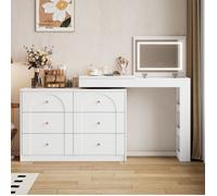 Coiffeuse combinée blanche avec miroir LED rabattable 6 tiroirs de rangement étagère latérale multifonction table de maquillage