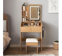 Coiffeuse compacte avec miroir LED, ton bois naturel, pour petite chambre, 60x36x130 cm