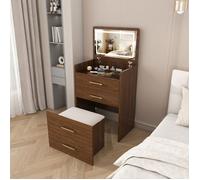 Coiffeuse d’angle 3-en-1 avec miroir rabattable. rangements intégrés et tabouret. MDF décor noyer