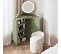 Coiffeuse d'angle avec miroir réglable en 3 couleurs, table de maquillage avec rangement ouvert pour chambre à coucher, salon, petit espace