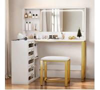 Coiffeuse d'angle - Blanche Moderne - Miroir LED 3 tons - 5 tiroirs transparents - Design gain de place