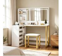 Coiffeuse d'Angle L avec tabouret, Table de Maquillage 5 tiroirs, Miroir LED Luminosité Réglable, Design Contemporain, Blanc et Or