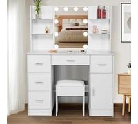 Coiffeuse de luxe avec éclairage à intensité variable - Coiffeuse avec miroir et tabouret - 5 tiroirs - 4 étagères - 1 armoire - 100 x 40 x 140 cm