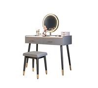Coiffeuse DESSION DESSERS Vanity Desk Ranget Cabinet Cosmetic Rangement Bureau avec Miroir Rond à LED, Tabouret, Deux tiroirs Table pour Chambre
