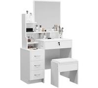 Coiffeuse Dripex avec miroir, tabouret et tiroirs - MDF - Blanc - 87x40x144cm Blanc