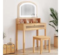 IDMARKET Coiffeuse EDHEN avec miroir LED, 1 tiroir, 3 niches et tabouret effet cannage naturel et bois