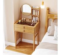 Coiffeuse en Bambou avec Miroir et 2 Tiroirs COSTWAY, Étagères de Rangement Ouvertes, Plateau en Verre, Naturel, pour Petite Espace