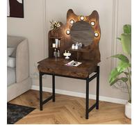 Coiffeuse en Forme de Chat avec Miroir LED COSTWAY, Luminosité Réglable, Station de Charge, 3 Étagères, 2 Tiroirs, Marron Rustique