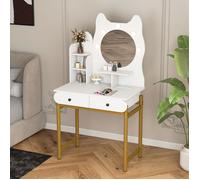 Coiffeuse en Forme de Chat avec Miroir LED COSTWAY, Luminosité Réglable, Station de Charge, Étagères Ouvertes, 2 Tiroirs, Blanc
