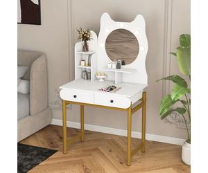 Coiffeuse en Forme de Chat avec Miroir LED COSTWAY, Luminosité Réglable, Station de Charge, Étagères Ouvertes, 2 Tiroirs, Blanc
