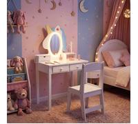 Coiffeuse Enfant 2 en 1 avec Miroir LED-COSTWAY-avec Tabouret, 3 tiroirs,Porte-Bijoux,Hème Licorne,59 x 35 x 103,5CM Blanc