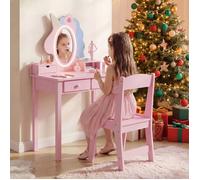 Coiffeuse Enfant 2 en 1 avec Miroir LED-COSTWAY-avec Tabouret, 3 tiroirs,Porte-Bijoux,Hème Licorne,59 x 35 x 103.5CM,MDF,Rose