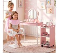 Coiffeuse Enfant 2 en 1-COSTWAY-Miroir LED 3 Couleurs &Tabouret Pivotant&Chariot de Salon à Roues,10 Accessoires,Jeu de rôle,Rose