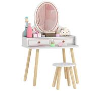 Coiffeuse enfant - AIYAPLAY - miroir acrylique et tabouret 2 tiroirs coins arrondis 3 à 8 ans - bois - 56x38x87 8cm - blanc