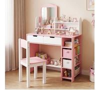Coiffeuse Enfant avec Miroir et Tabouret-COSTWAY-2en1,2 Tiroirs, Compartiments Ouverts, Ensemble Table de Maquillage Enfant,Chambre