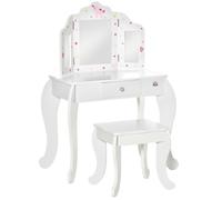 Coiffeuse Enfant avec Tabouret HOMCOM Miroir triptyque et tiroir Coulissant - Coiffeuse dim. 63L x 40l x 85,5H cm - Blanc Acrylique