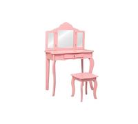 Coiffeuse Enfant avec Tabouret Rose, 70 x 34 x 103 CM, Table de Maquillage avec Miroir à Trois Panneaux et Tiroir