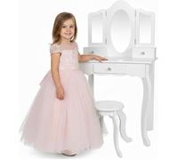 Coiffeuse enfant blanche en bois avec triple miroir plexi et tabouret - Kinderplay GS3304