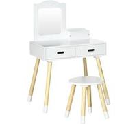 Coiffeuse enfant design scandinave - tabouret inclus - 2 tiroirs, niche, miroir - bois pin MDF blanc Blanc G