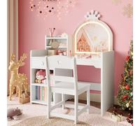 Coiffeuse Enfant Fille Avec Miroir Lumineux, Ensemble Table Et Chaise, Bibliothèque Ouverte, Armoire De Rangement，Tableau De Maquillage Princesse Adolescente，Coiffeuse Super Belle Spacieuse Pratique