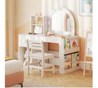 Coiffeuse Enfant Fille-COSTWAY-avec Miroir LED Coloré,Bibliothèque & Rangements,Chaise Incluse&3 Accessoires Bois,86x39.5x92CM