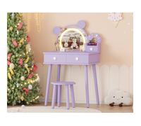 Coiffeuse Enfant Forme d'Ours avec Miroir LED-Table de Maquillage Princesse en Bois avec Tiroirs, Tabouret Fleur, Sécurisée-Violet